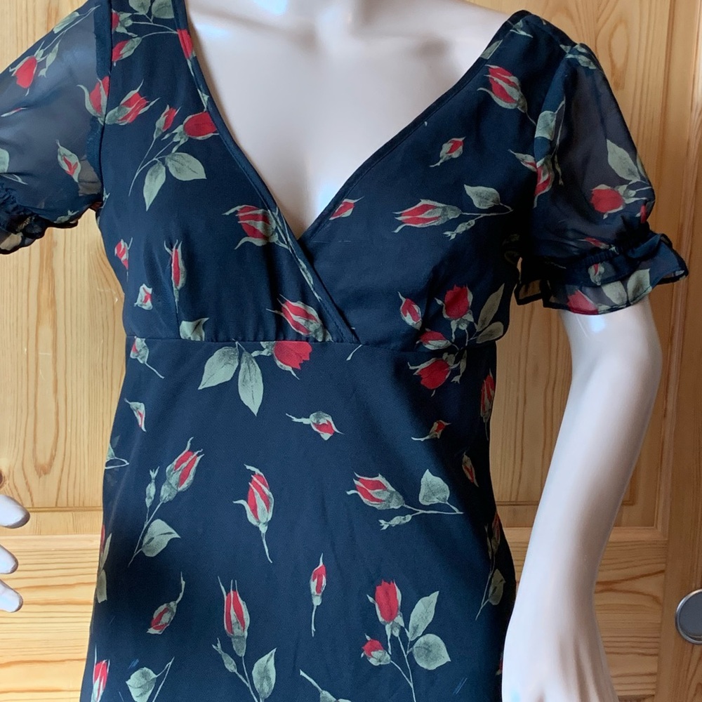 Vintage 90s Y2k Fredericks of Hollywood Black Red Midi Dress Roses Size 6 Floral - Picture 4 of 16